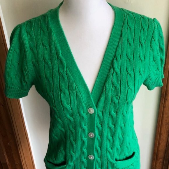 RALPH LAUREN Green Cable Short Sleeve Button Front V Neck Cotton Sweater… - Picture 10 of 17